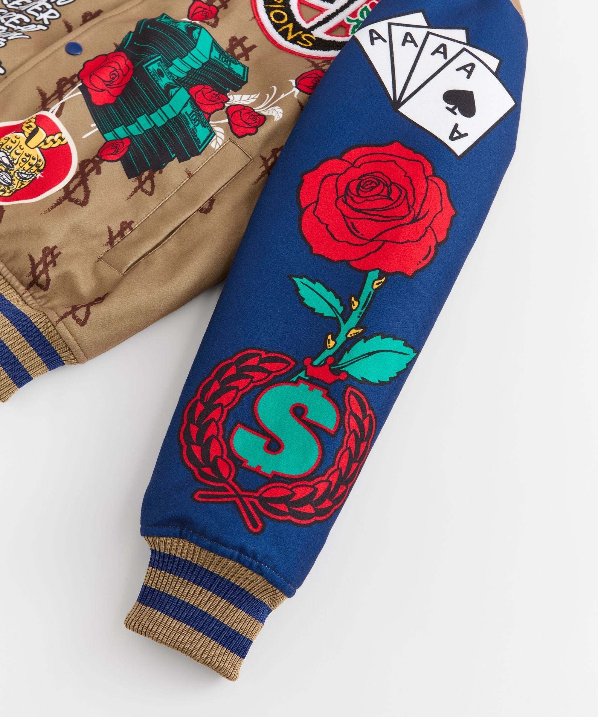 Paper Chaser Chenille Patched Varsity Jacket - Khaki