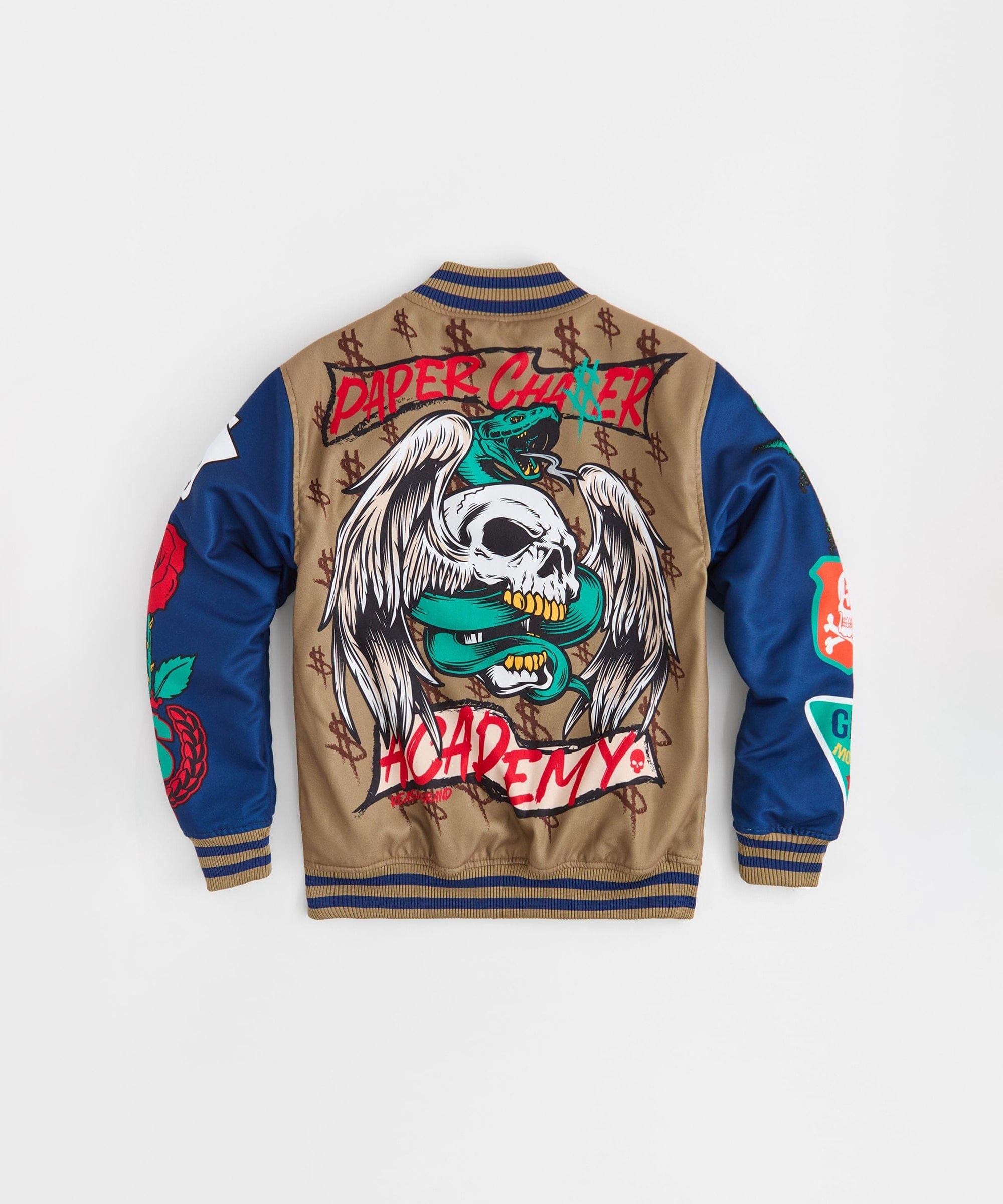 Paper Chaser Chenille Patched Varsity Jacket - Khaki