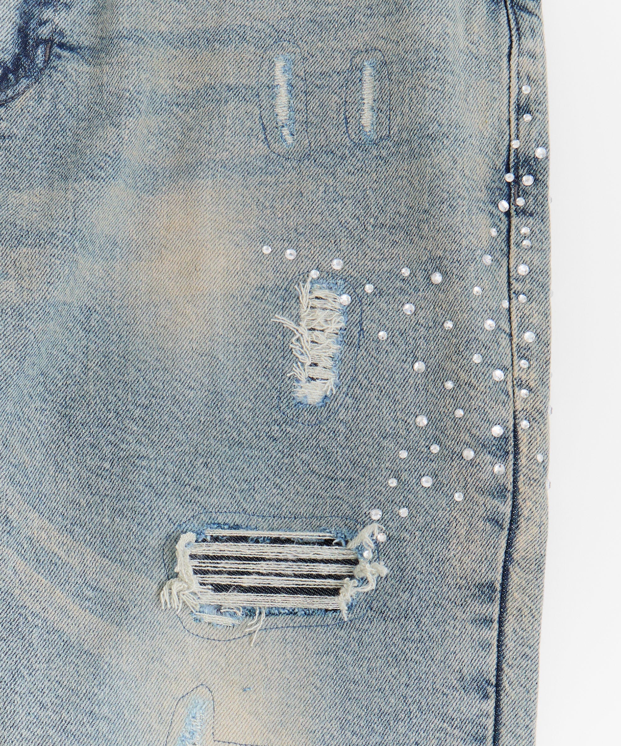 Rhinestone Washed Denim Jeans - Dark Blue