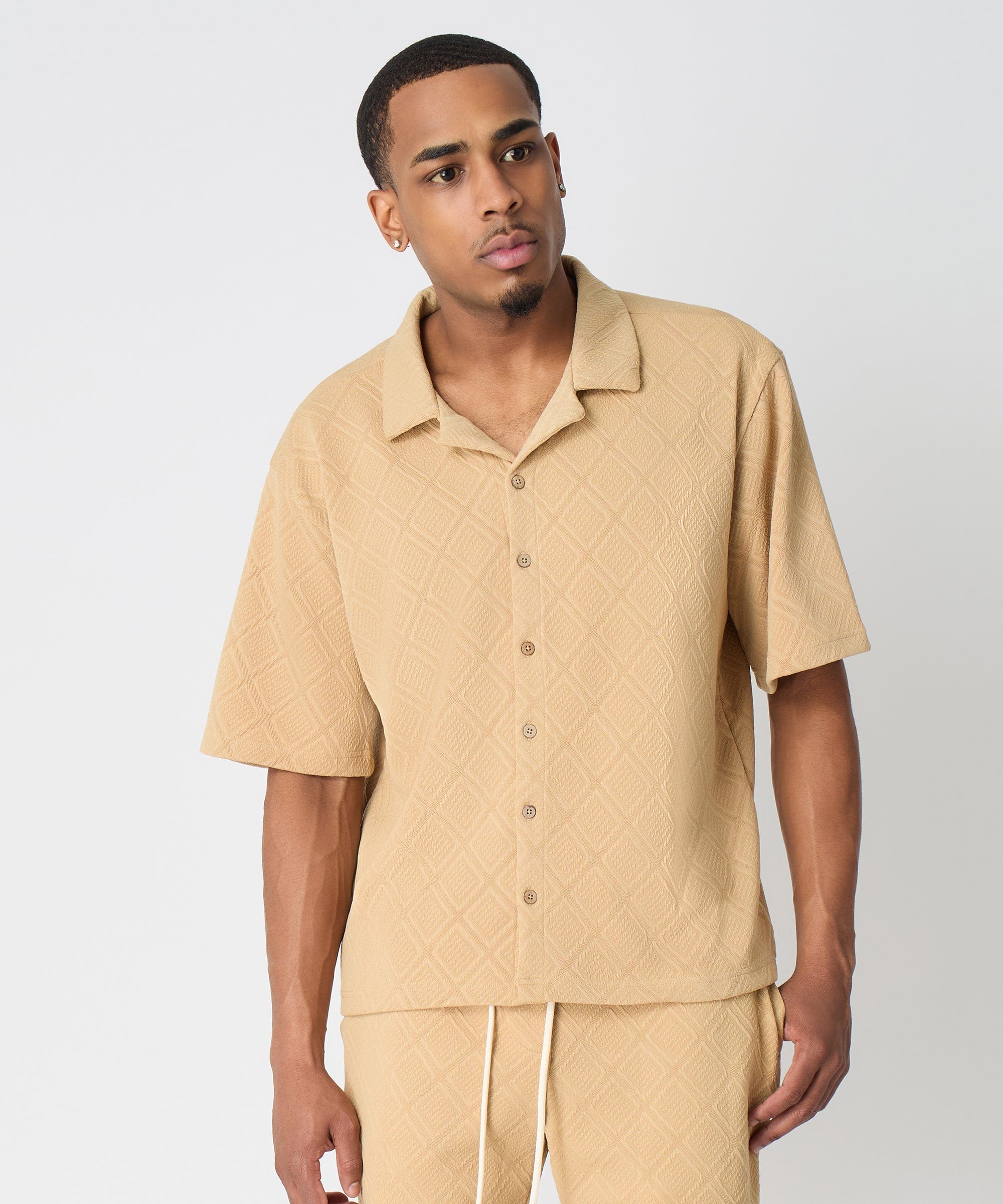 Textured Knit Short Sleeve Button Down Shirt - Taupe