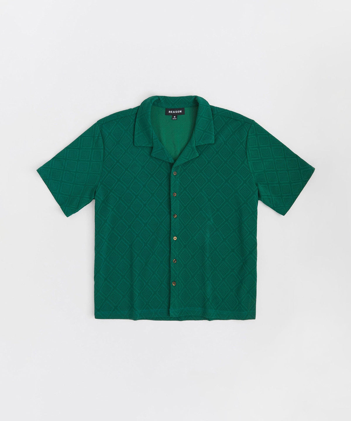 Jacquard Textured Knit Short Sleeve Button Down Shirt - Green