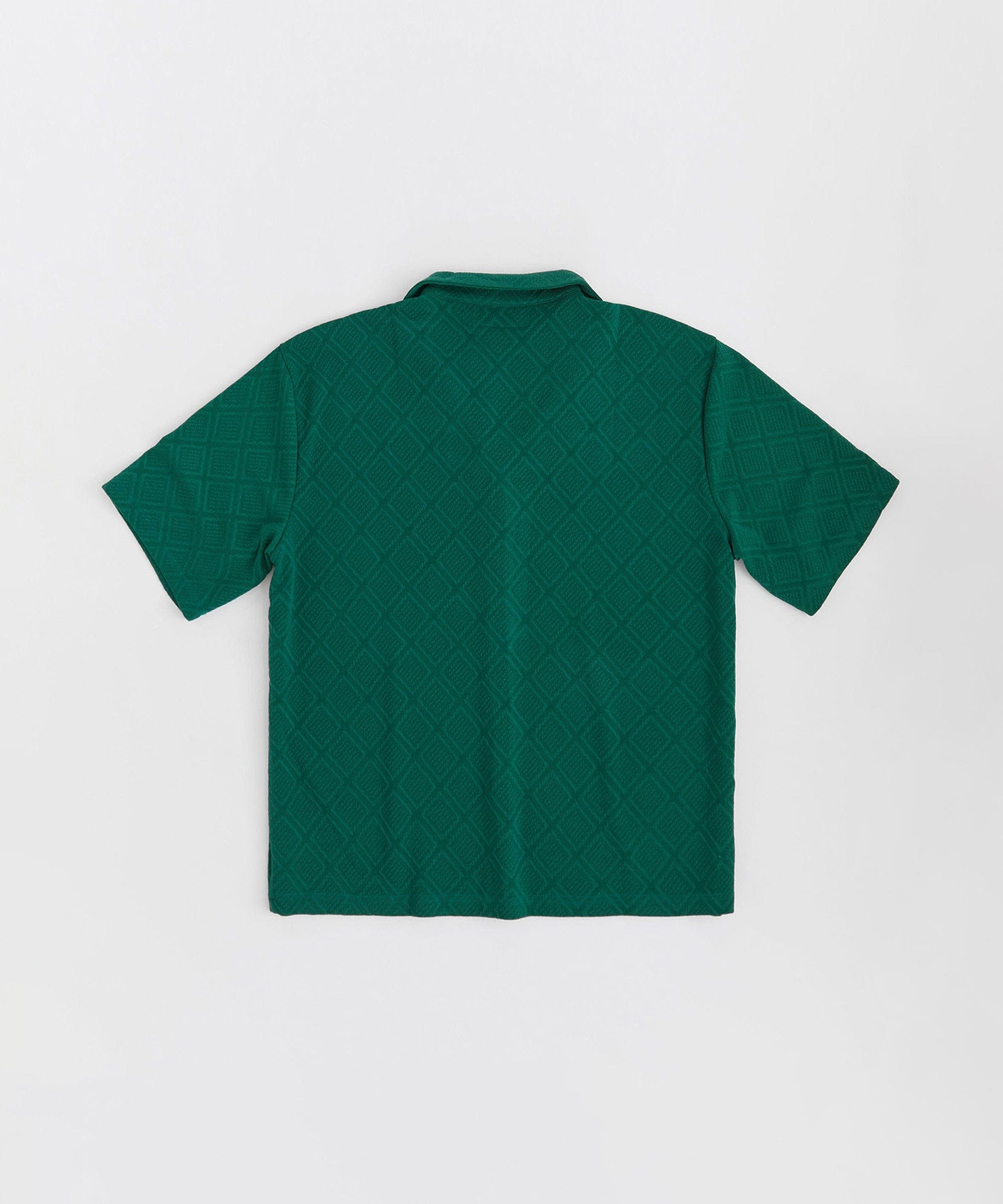 Jacquard Textured Knit Short Sleeve Button Down Shirt - Green