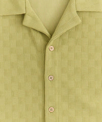 Jacquard Textured Knit Short Sleeve Button Down Shirt - Olive Green