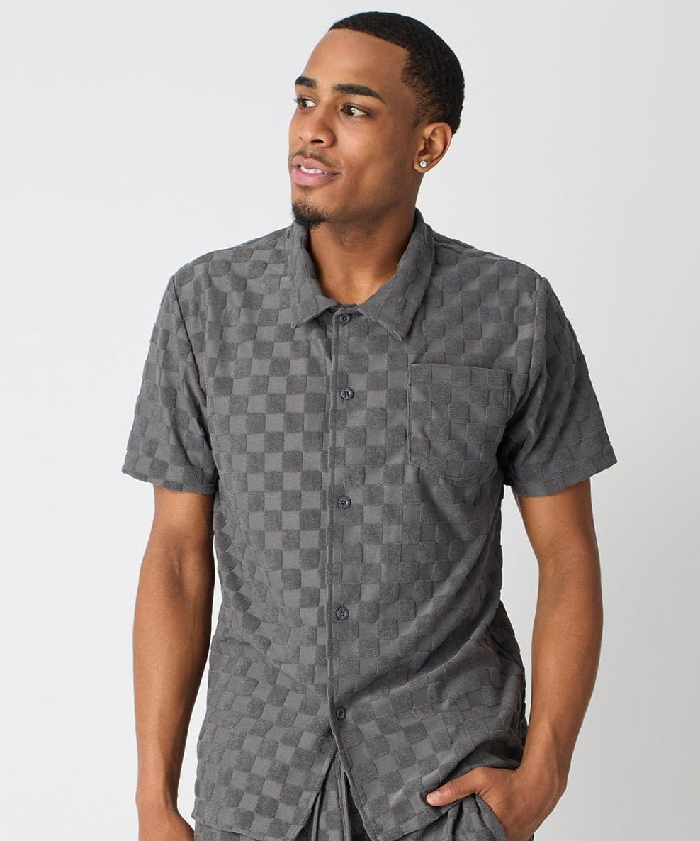 Checkerboard Towel Color Blocked Short Sleeve Button Down Shirt - Grey