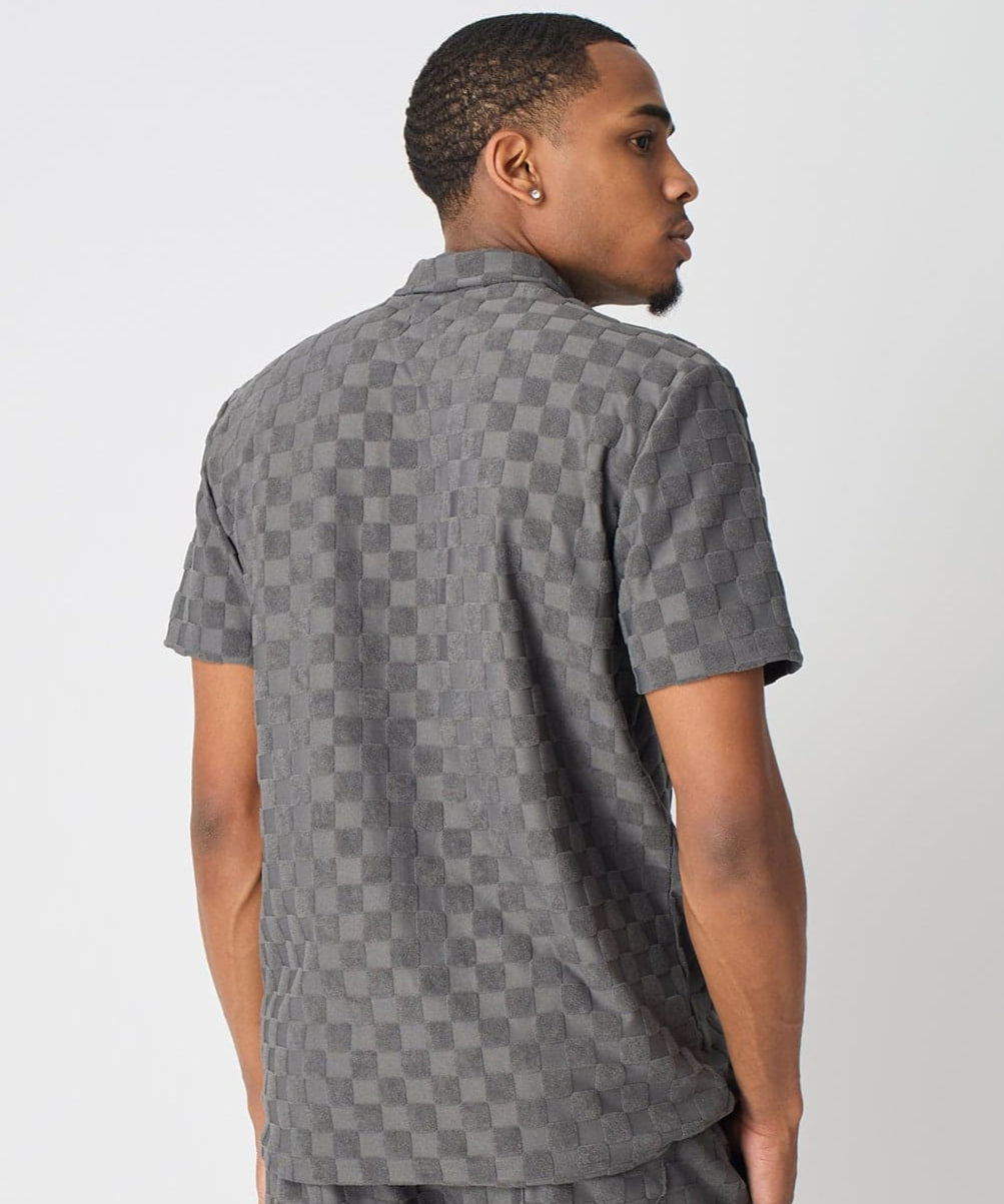 Checkerboard Towel Color Blocked Short Sleeve Button Down Shirt - Grey
