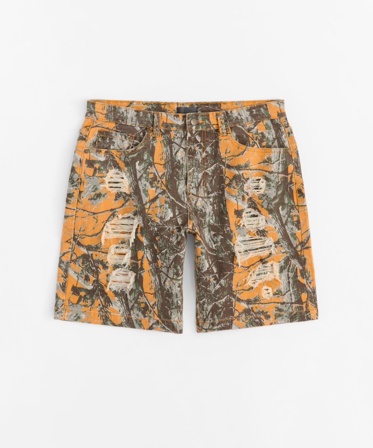 Destroyed Denim Camo Shorts - Orange