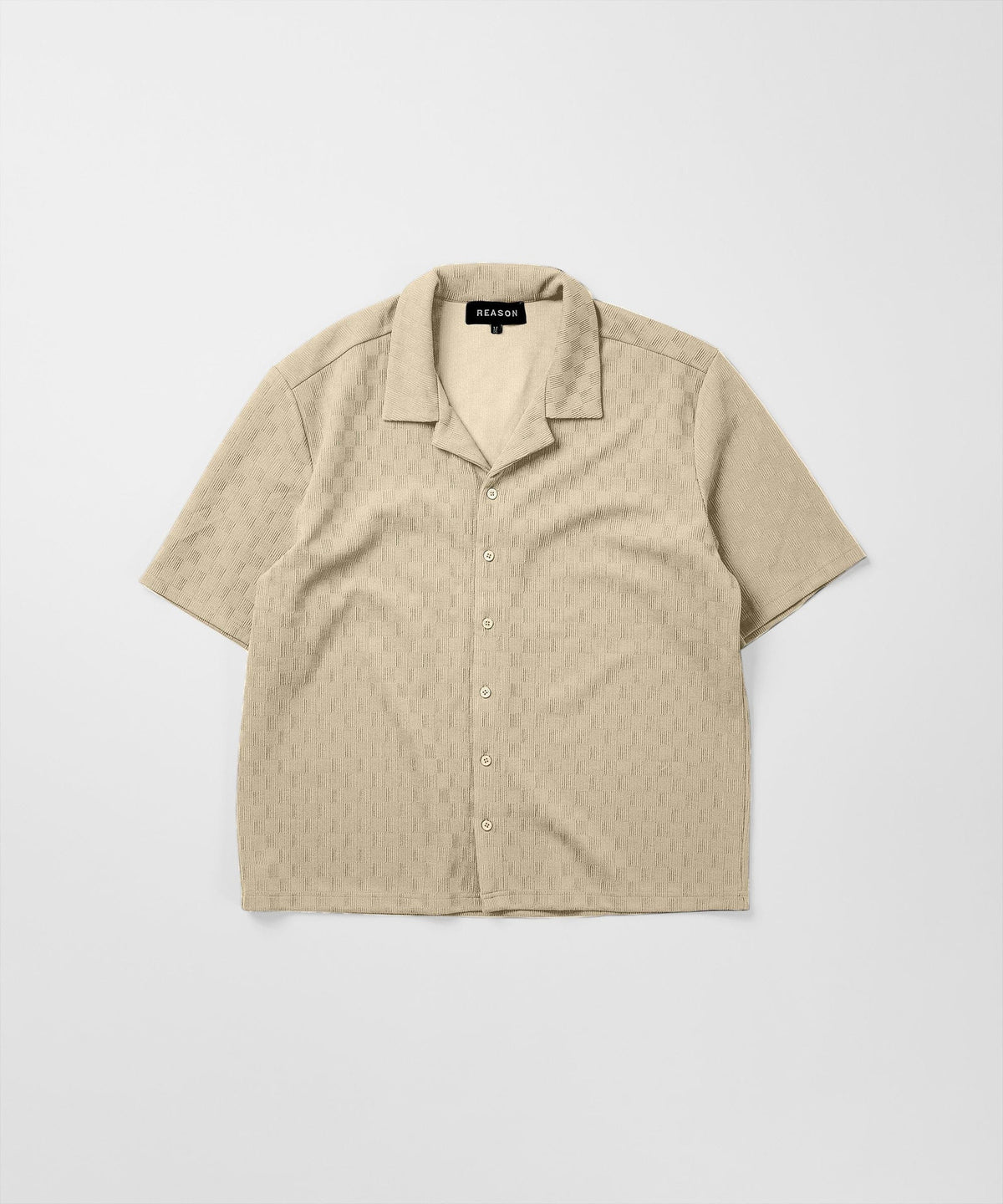 Textured Knit Short Sleeve Button Down Shirt - Beige