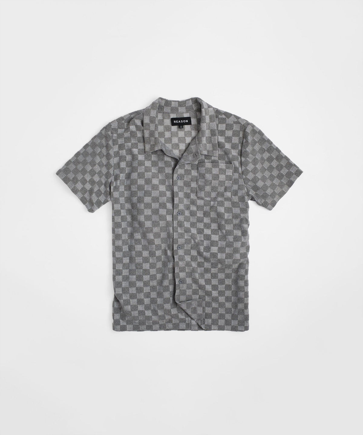 Checkerboard Towel Color Blocked Short Sleeve Button Down Shirt - Grey
