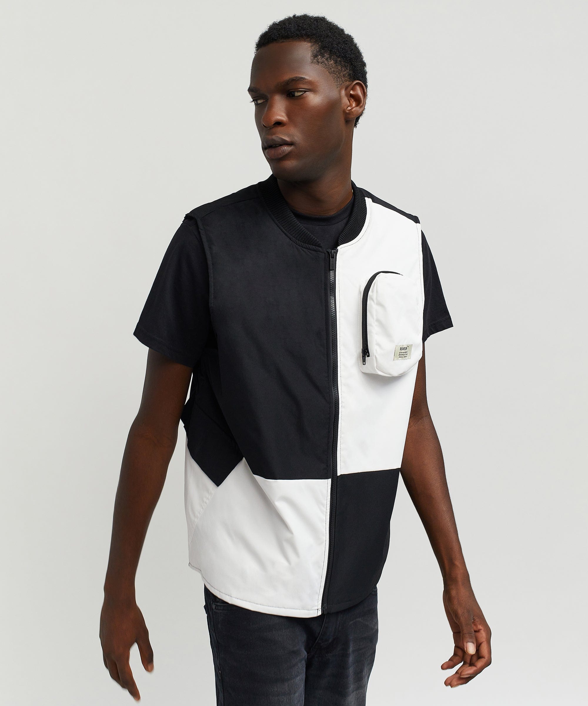 Bader Cotton Twill Color Block Utility Vest - Black&White