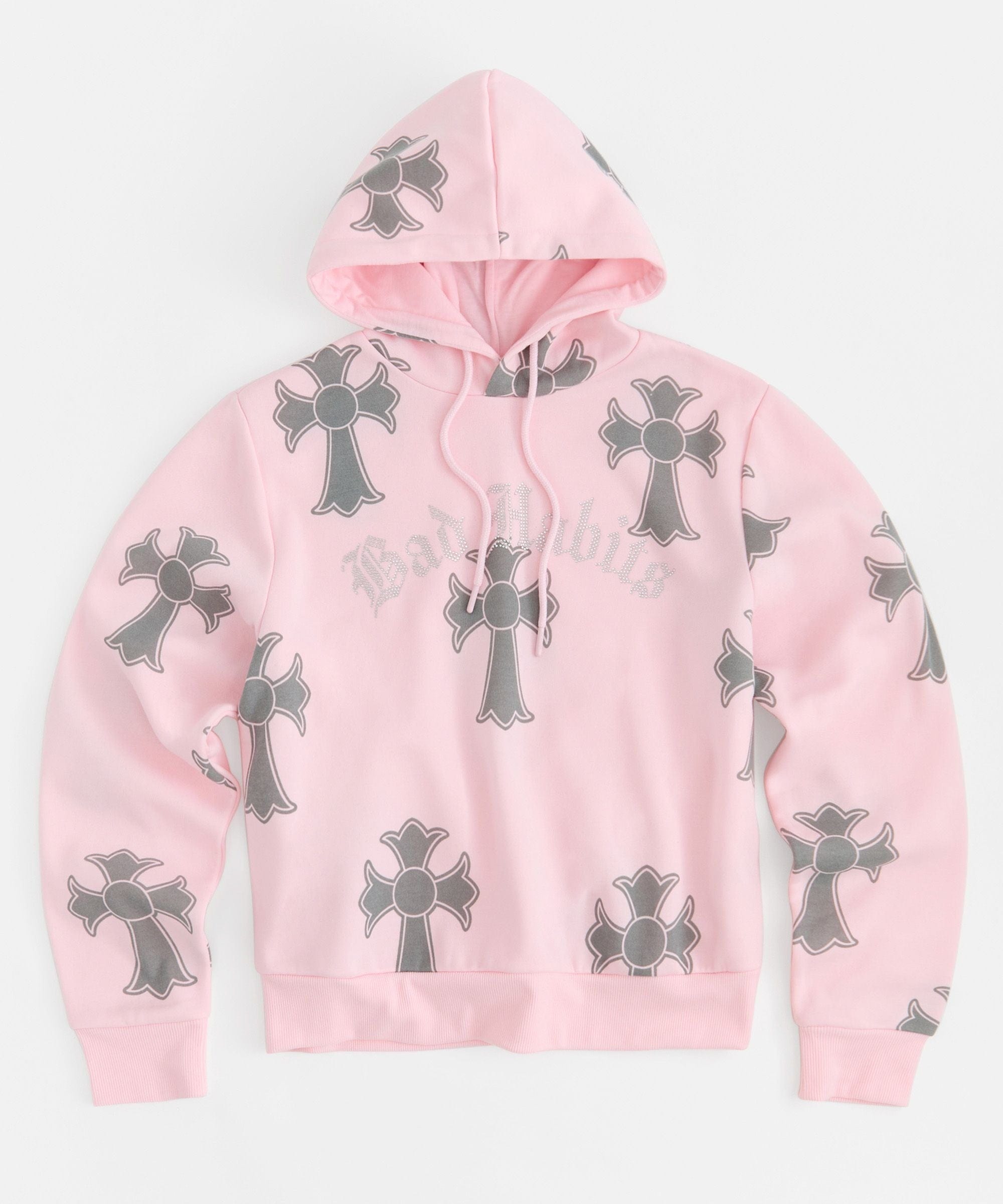 Women Bad Habits Rhinestones Cropped Hoodie - Pink