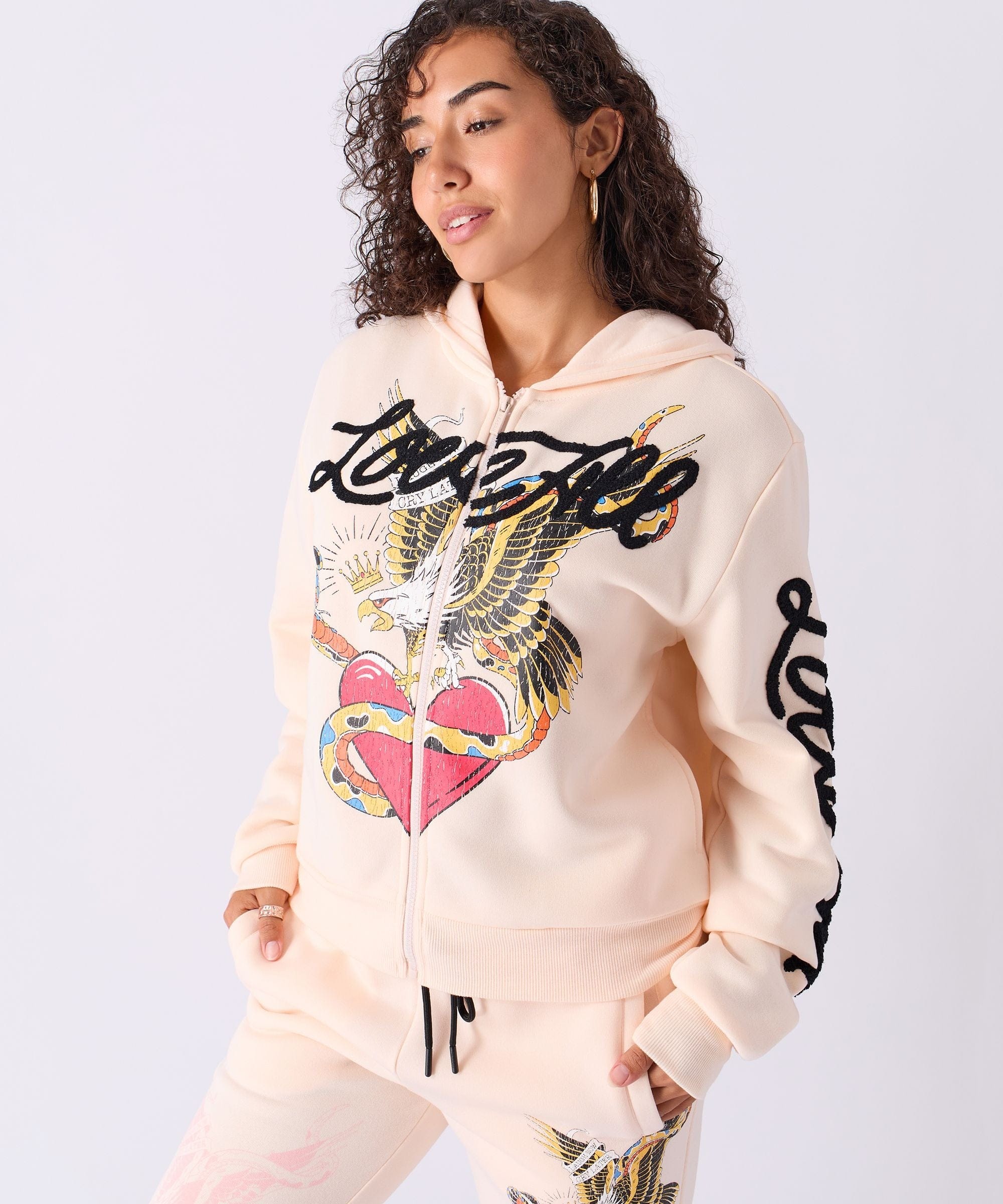 Women Love All Embroidered Cropped Hoodie - Pink