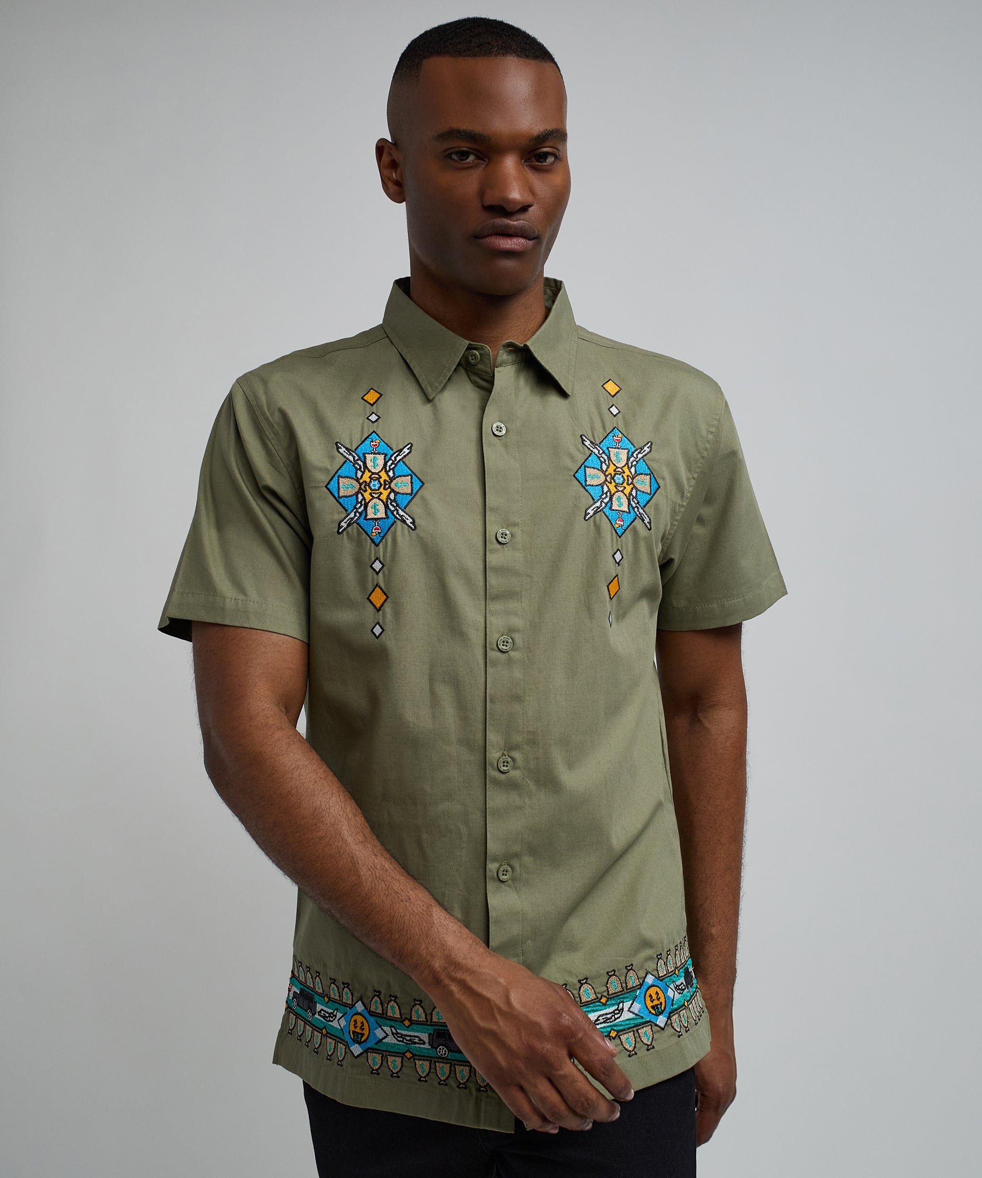 Zona Embroidery Cuban Short Sleeve Shirt - Olive Green