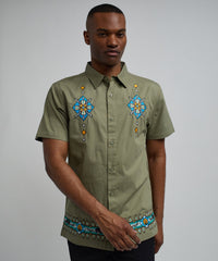 Zona Embroidery Cuban Short Sleeve Shirt - Olive Green