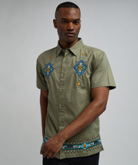 Zona Embroidery Cuban Short Sleeve Shirt - Olive Green