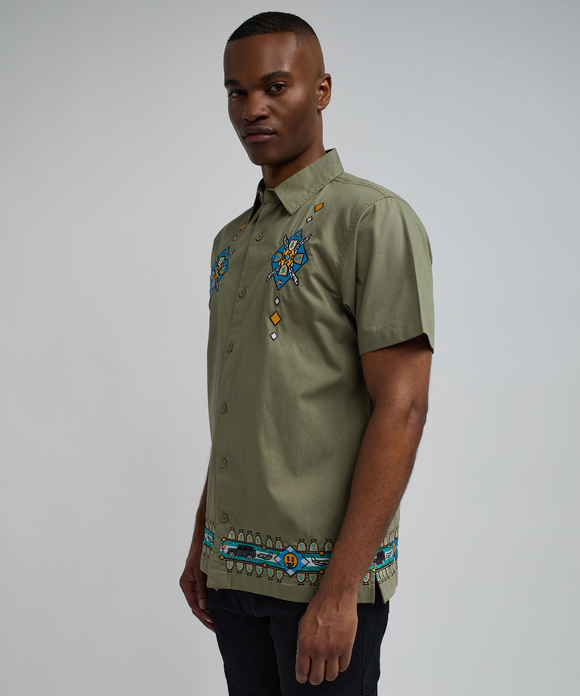 Zona Embroidery Cuban Short Sleeve Shirt - Olive Green
