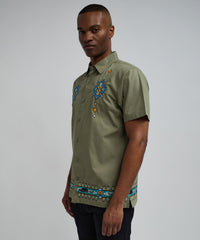 Zona Embroidery Cuban Short Sleeve Shirt - Olive Green