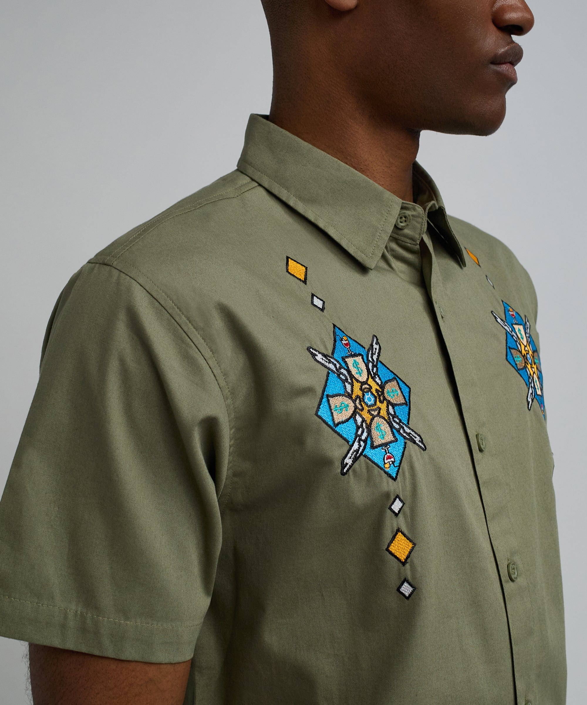 Zona Embroidery Cuban Short Sleeve Shirt - Olive Green