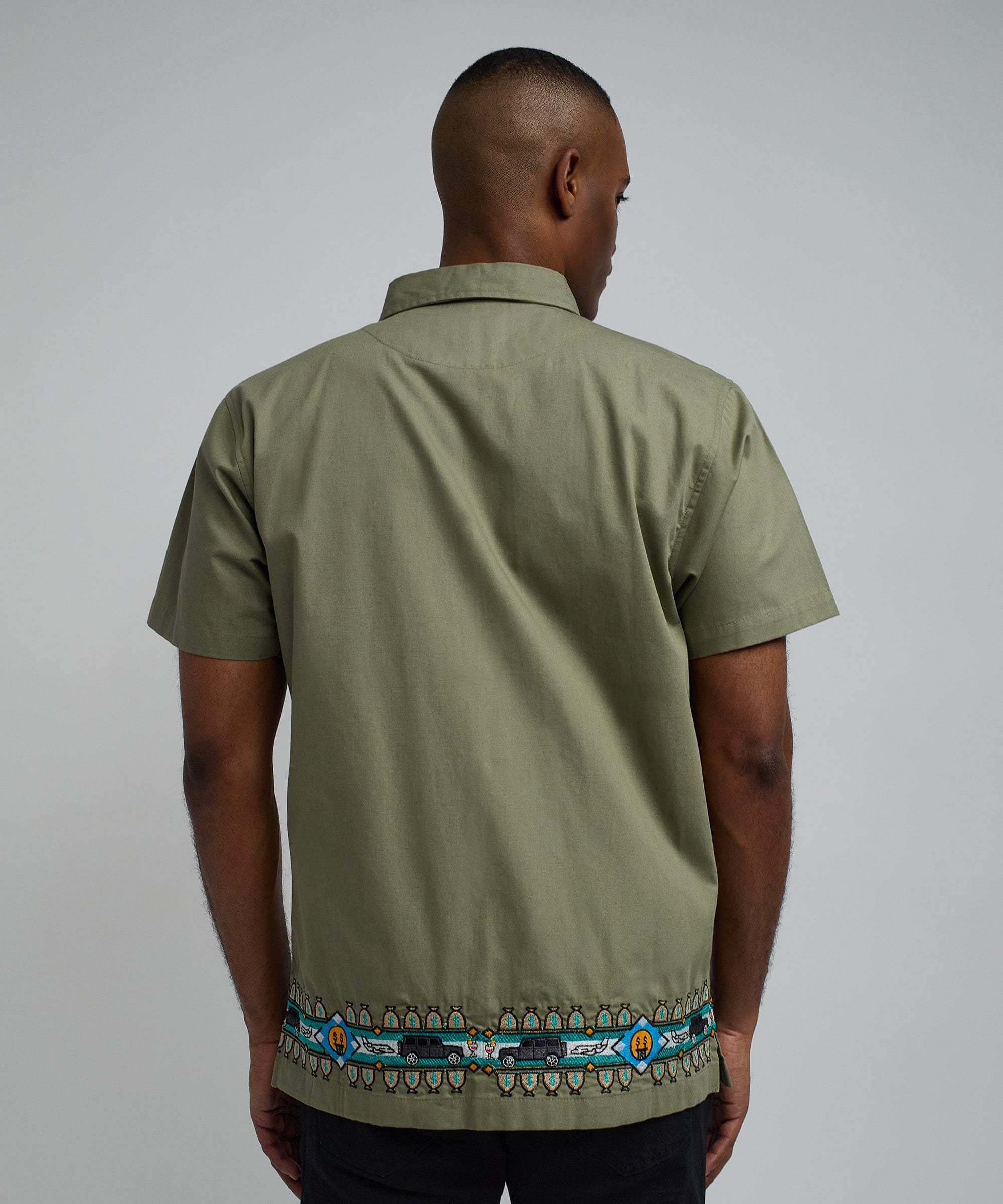 Zona Embroidery Cuban Short Sleeve Shirt - Olive Green