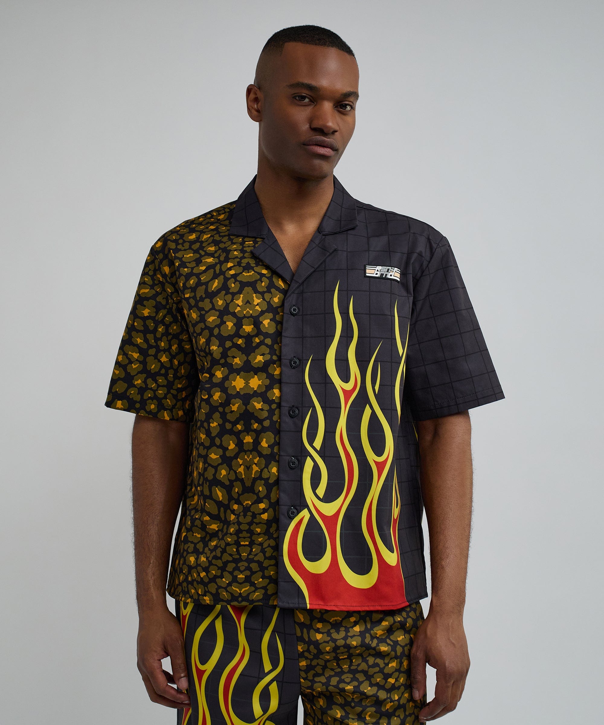 Cheetah And Flames Split Woven Short Sleeve Shirt