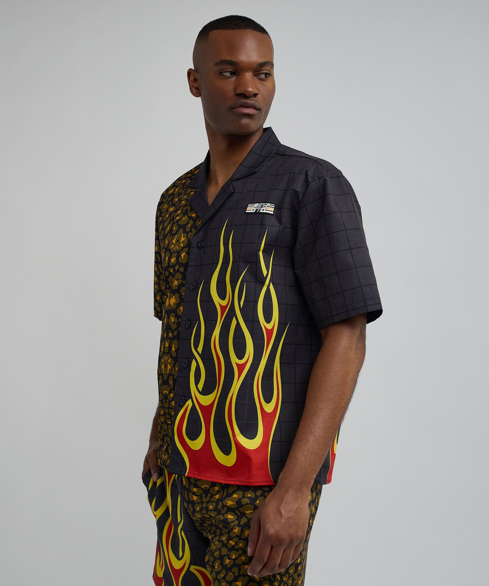 Cheetah And Flames Split Woven Short Sleeve Shirt