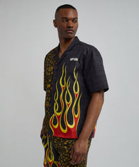 Cheetah And Flames Split Woven Short Sleeve Shirt