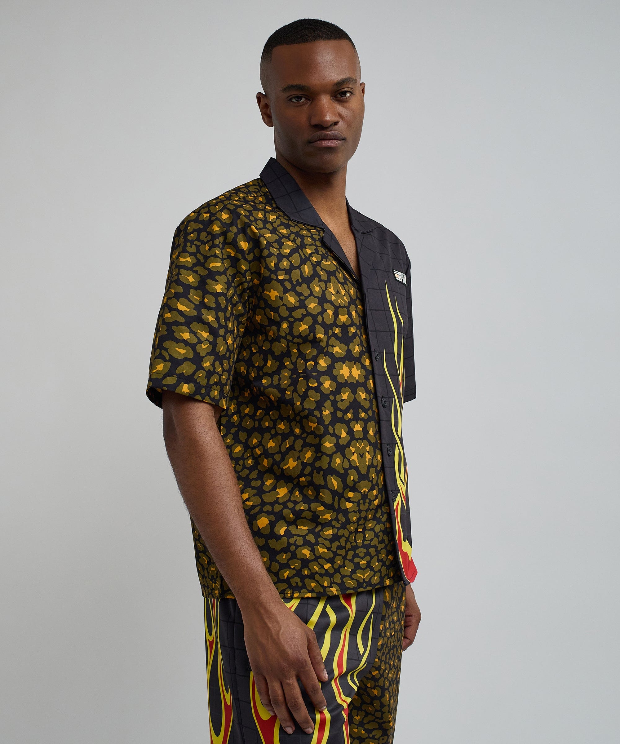 Cheetah And Flames Split Woven Short Sleeve Shirt