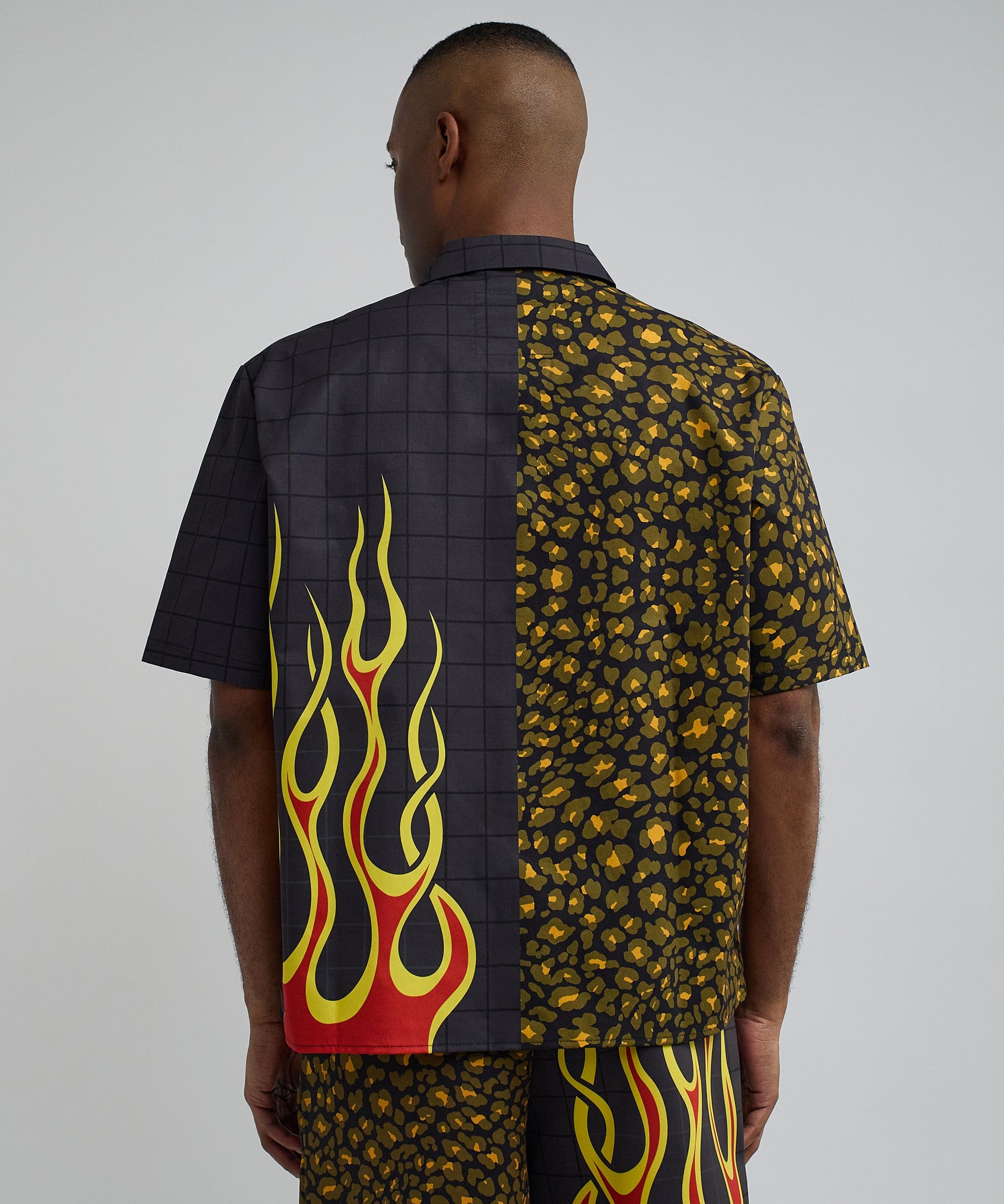 Cheetah And Flames Split Woven Short Sleeve Shirt