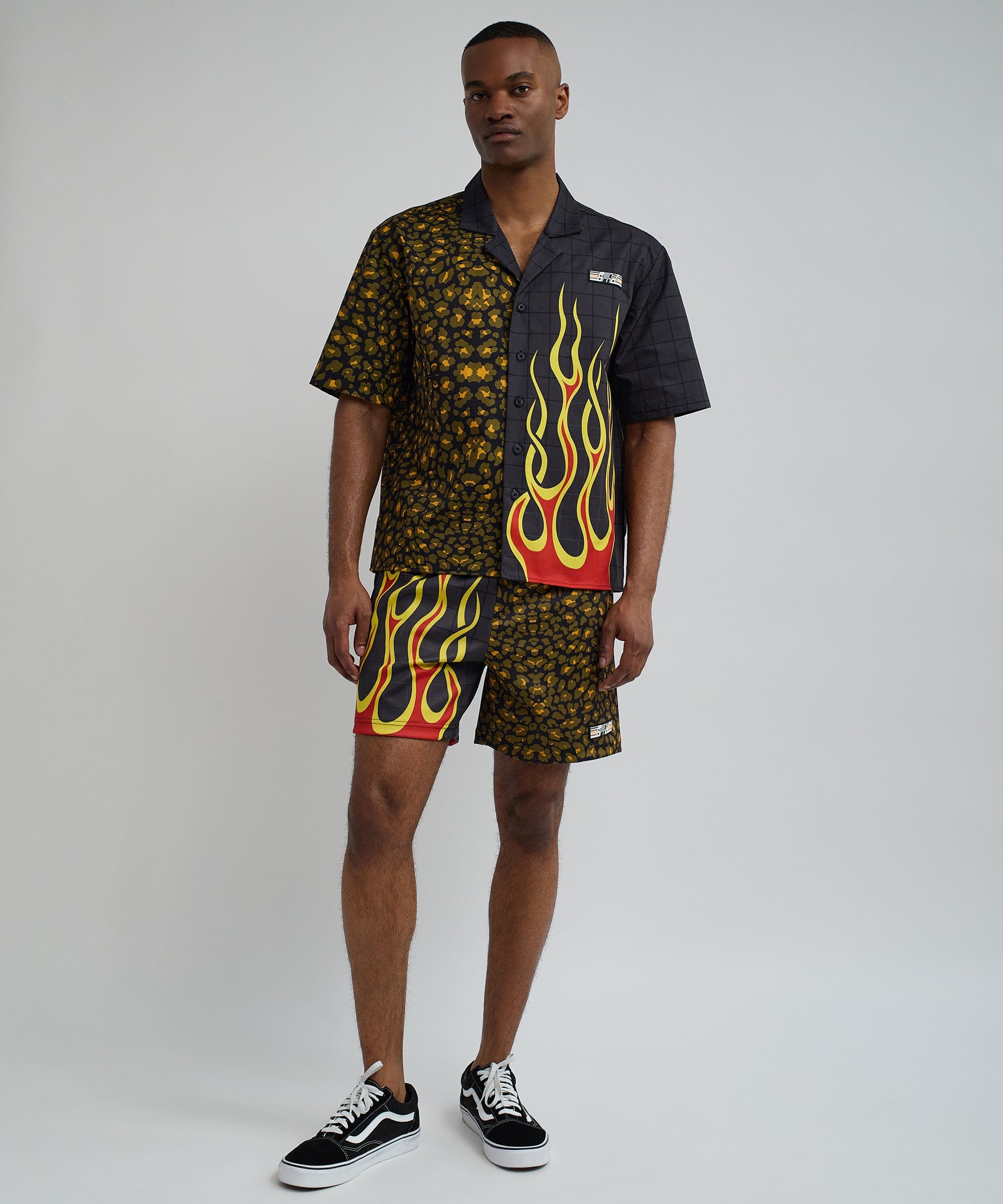 Cheetah And Flames Split Woven Short Sleeve Shirt