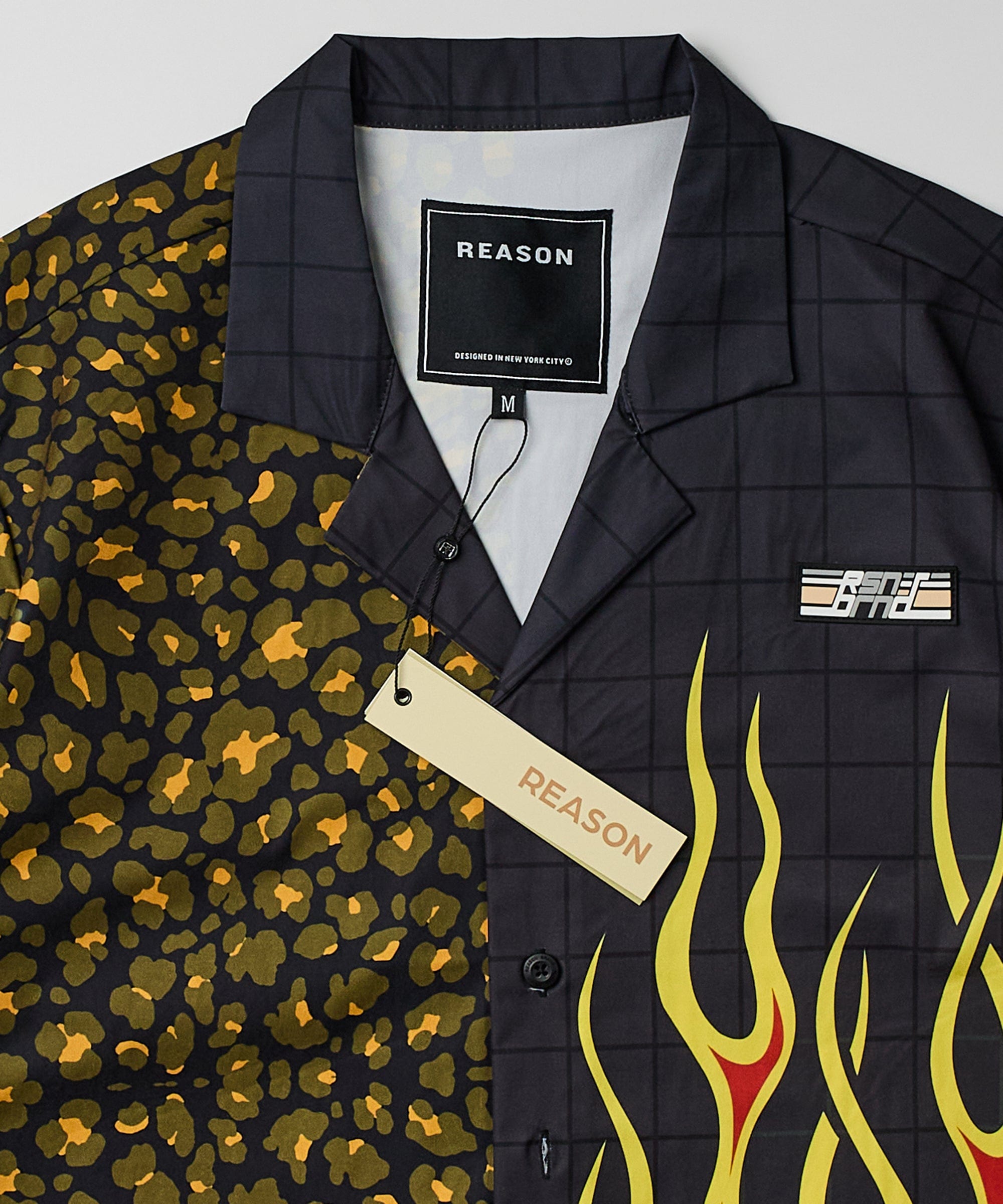 Cheetah And Flames Split Woven Short Sleeve Shirt