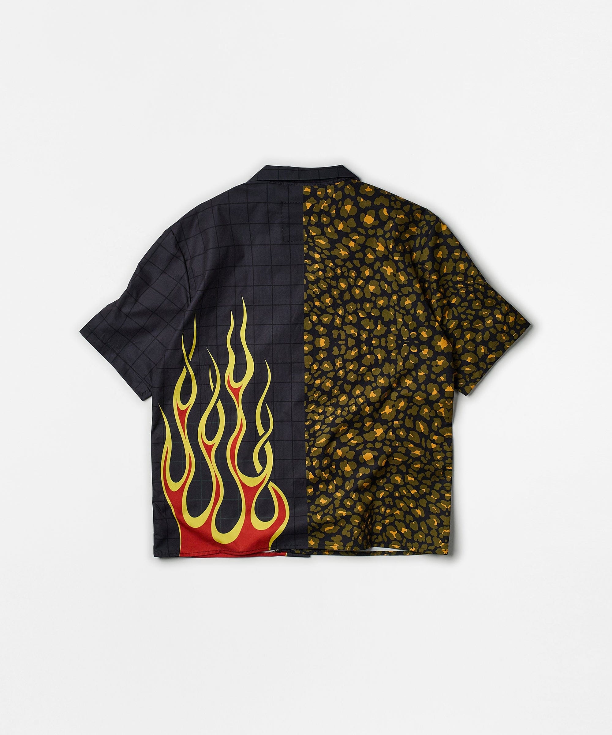Cheetah And Flames Split Woven Short Sleeve Shirt