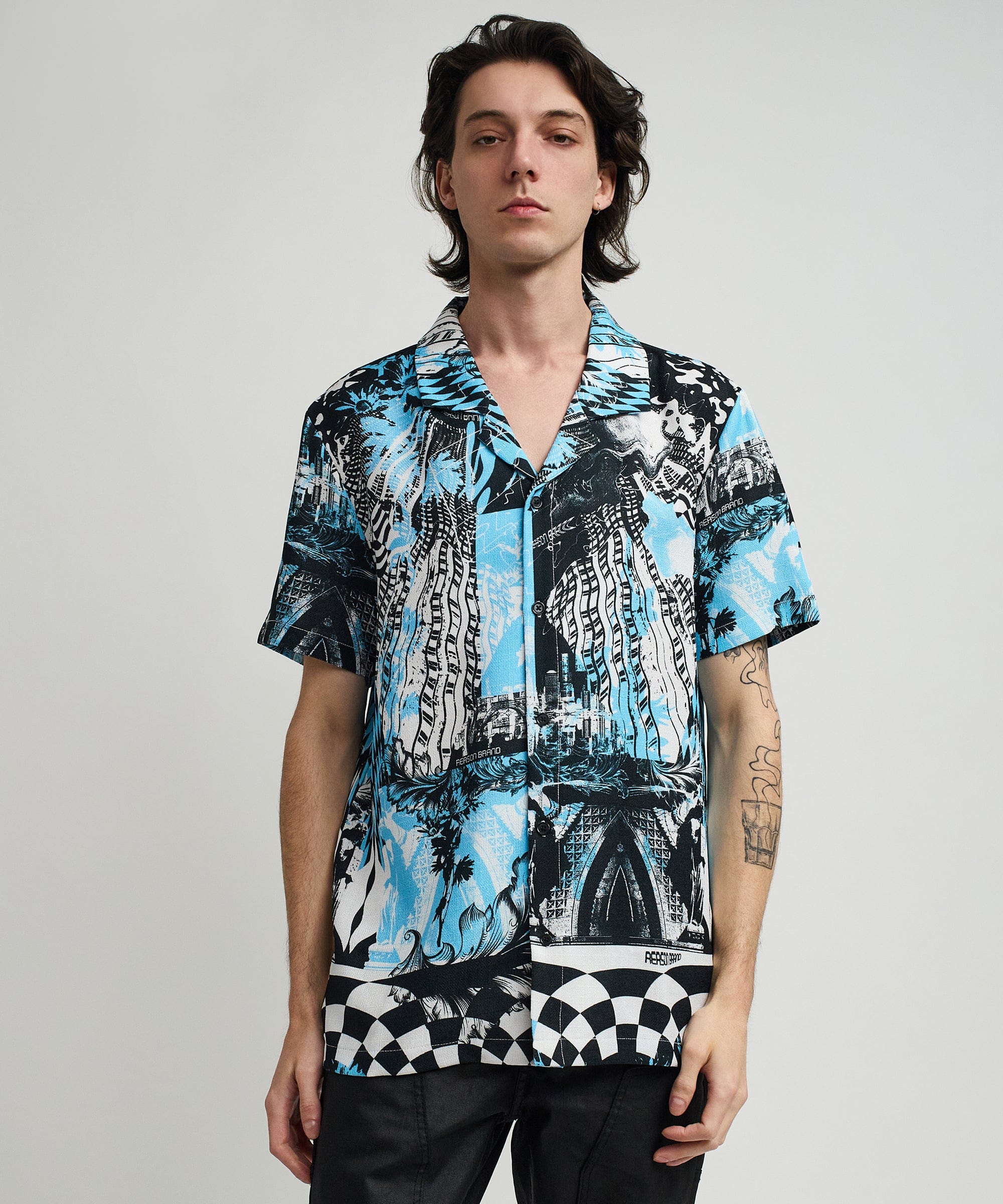 District Linen Texture Short Sleeve Button Down Shirt - Blue