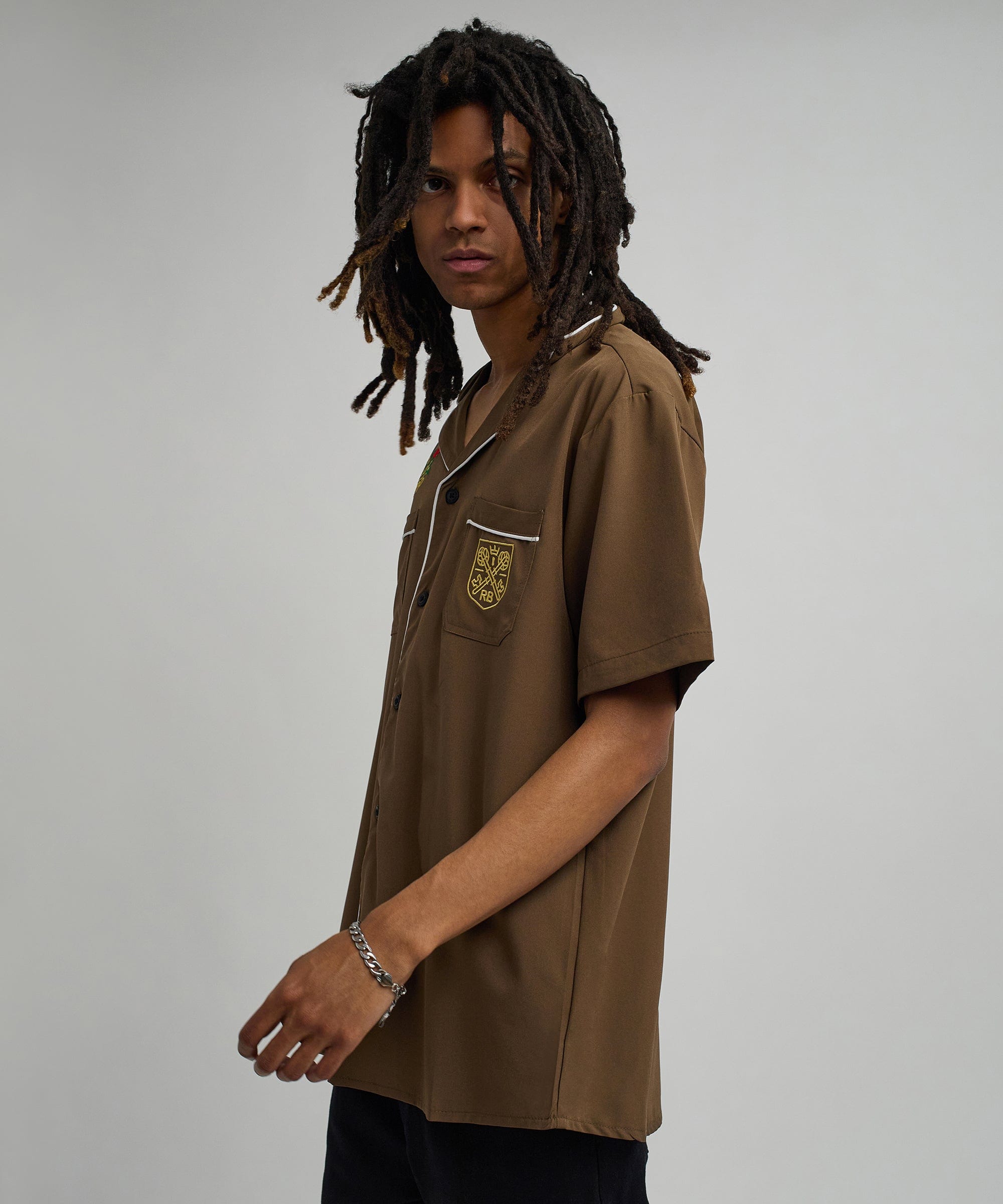 Clubmaster Short Sleeve Embroidered Button Down Shirt - Brown