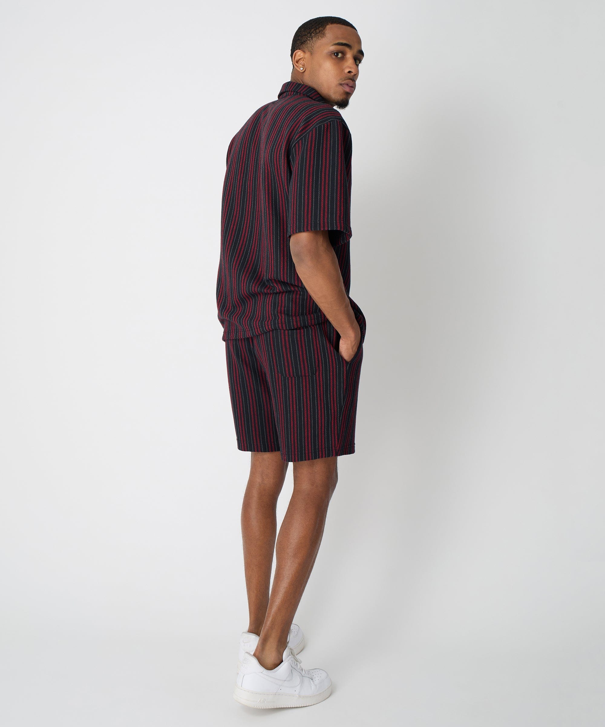 Jacquard Knit Short Sleeve Striped Button Down Shirt - Black